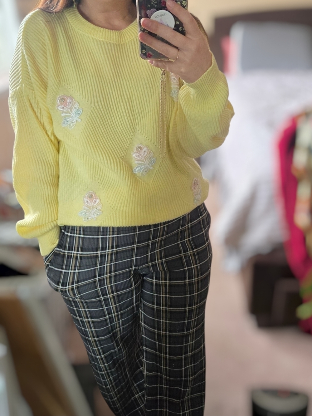 Yellow Knit Floral Embroidery Pullover Sweater
